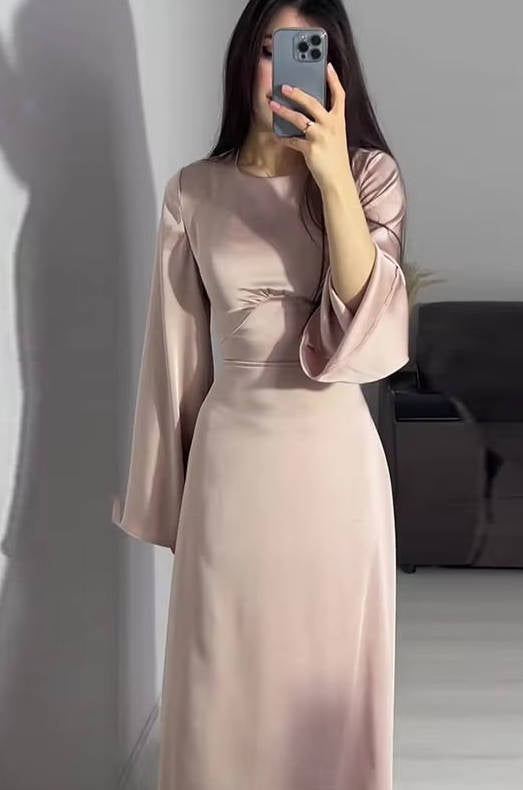 Sophisticated women's maxi evening gown, timeless design with elegant flared sleeves.