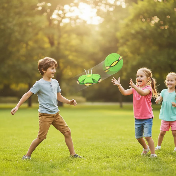 Kids & pets' light-up transforming bouncy ball toy, shifts from ball to flying disc for active play.