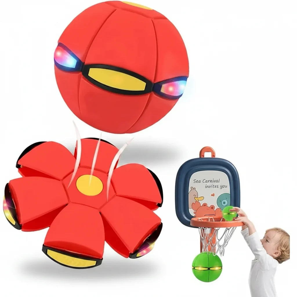 Brightly lit transforming toy: a bouncy ball that flattens into a flying saucer disc for active play.
