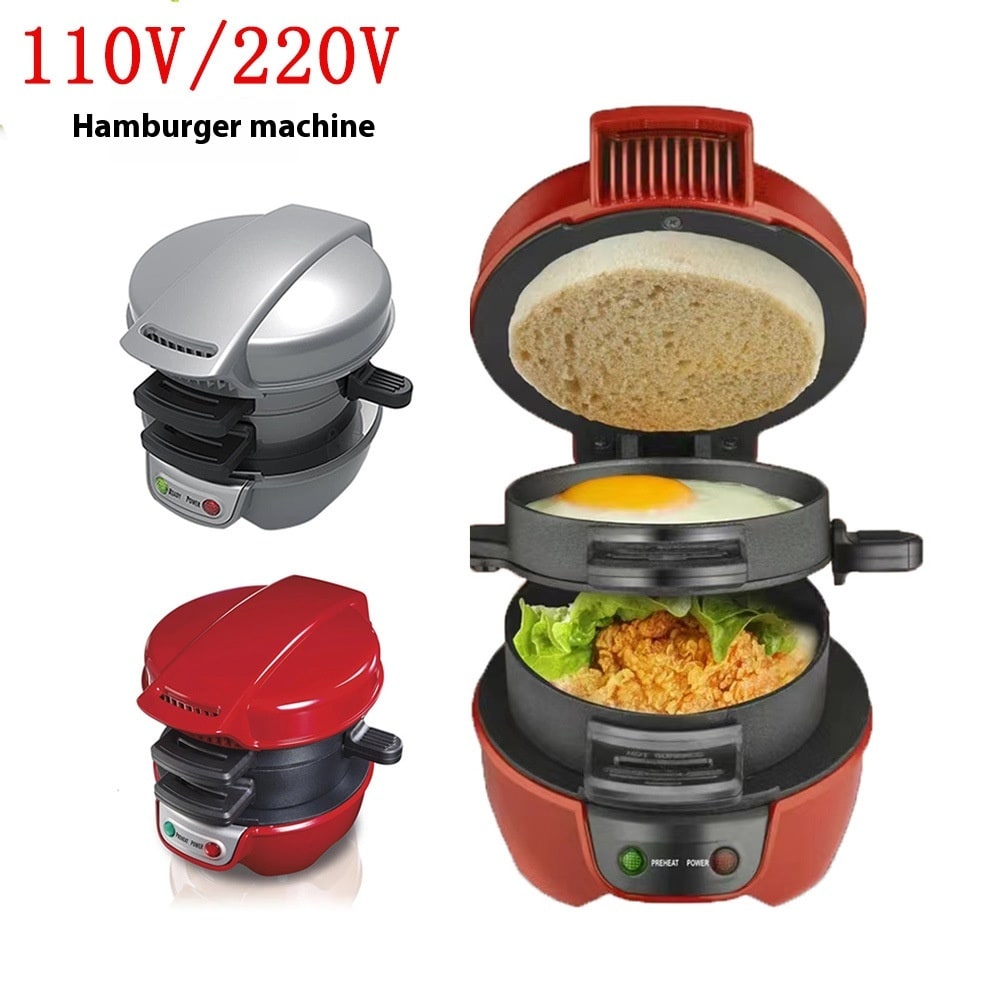 Red Quick Breakfast Sandwich Maker with nonstick plates for easy panini & breakfast.
