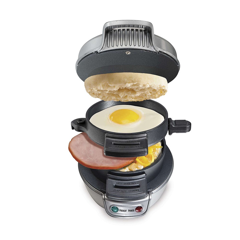 Panini press and breakfast sandwich maker with nonstick plates, cooks fast.