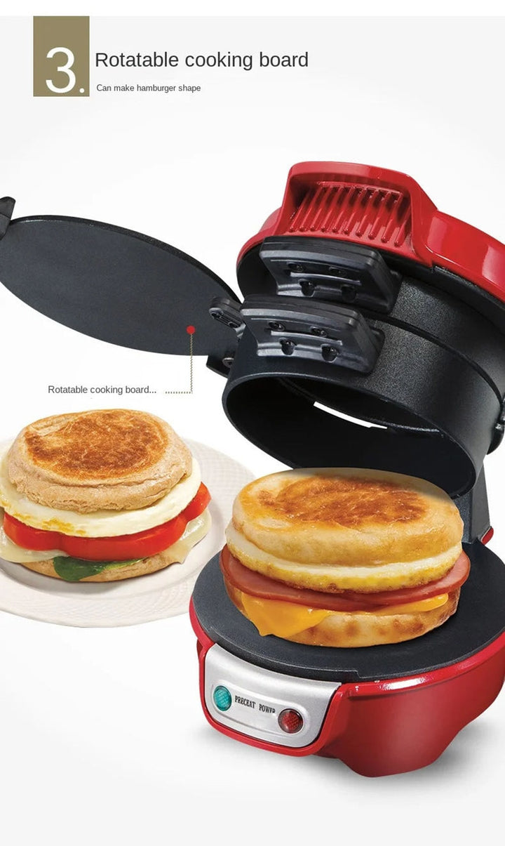 Compact red breakfast maker, ideal for quick sandwiches and paninis.