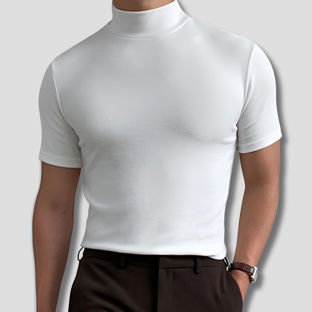 Men's breathable short sleeve turtleneck shirt in a solid color, perfect for stylish summer casual wear and modern fashion.