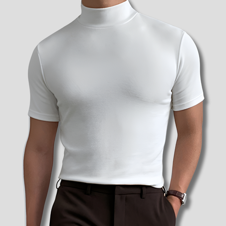 Men's breathable short sleeve turtleneck shirt in a solid color, perfect for stylish summer casual wear and modern fashion.