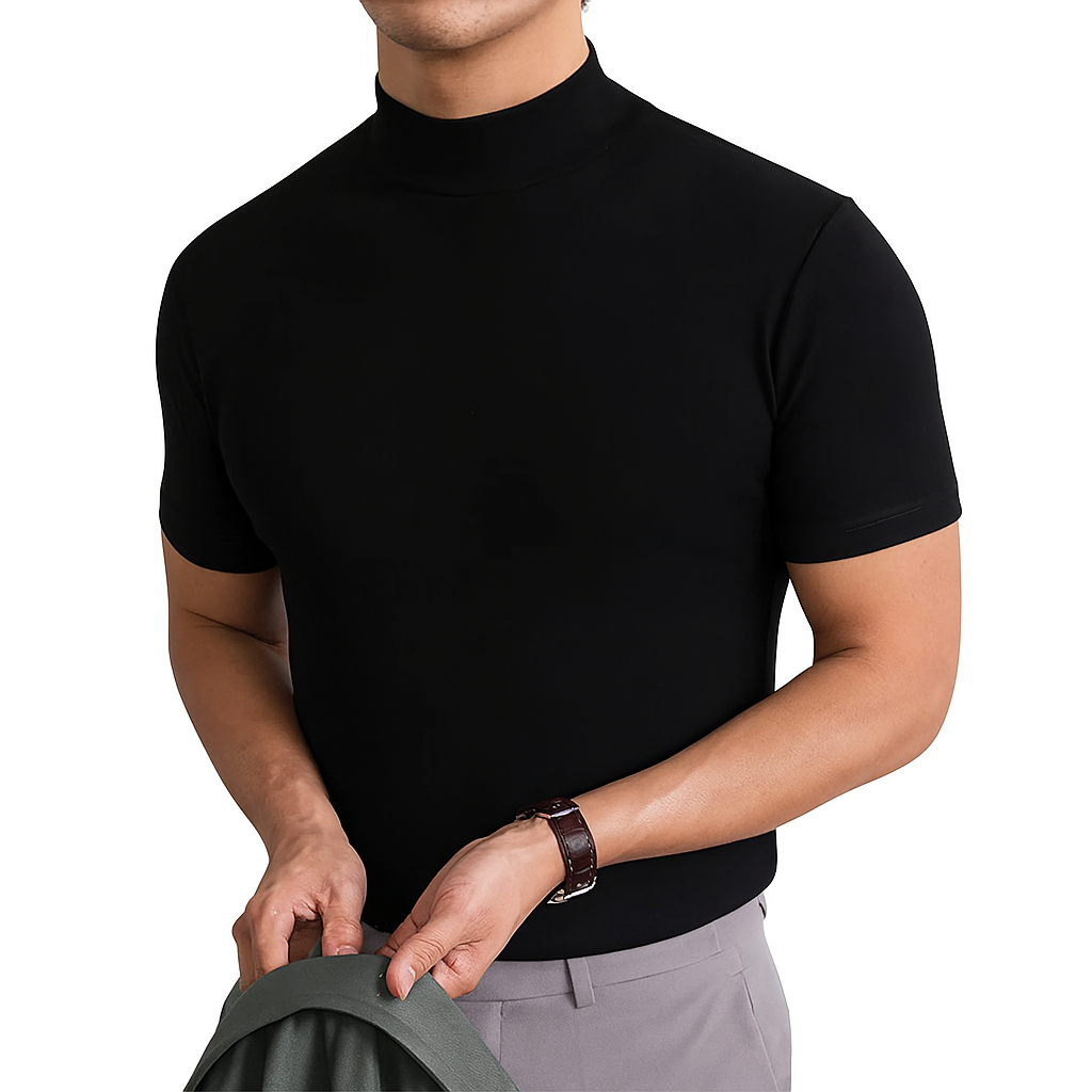 Breathable men's short sleeve turtleneck tee for everyday comfort. Ideal casual top for summer and modern style.