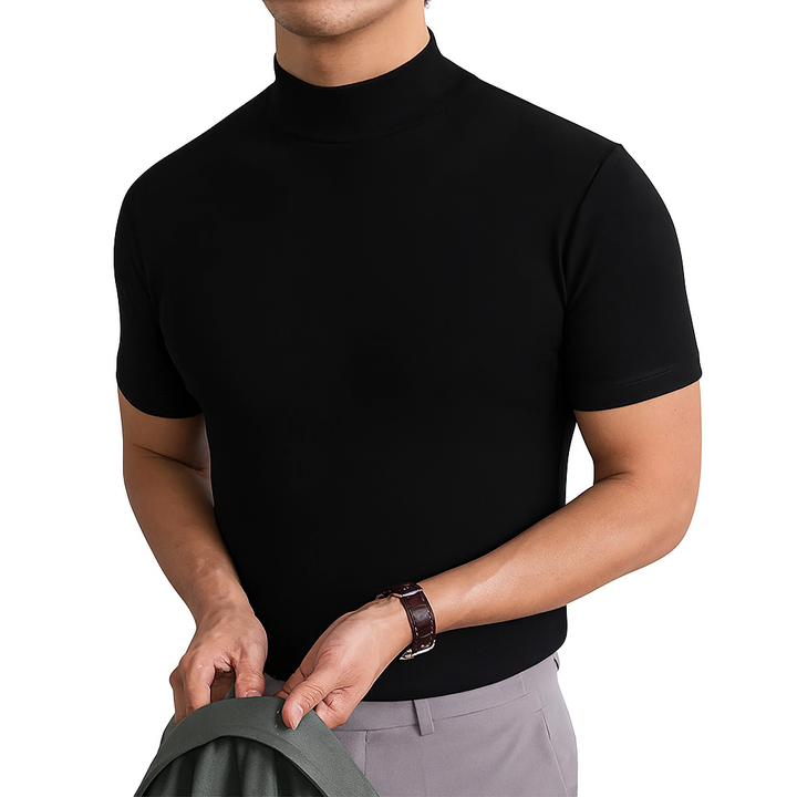 Breathable men's short sleeve turtleneck tee for everyday comfort. Ideal casual top for summer and modern style.