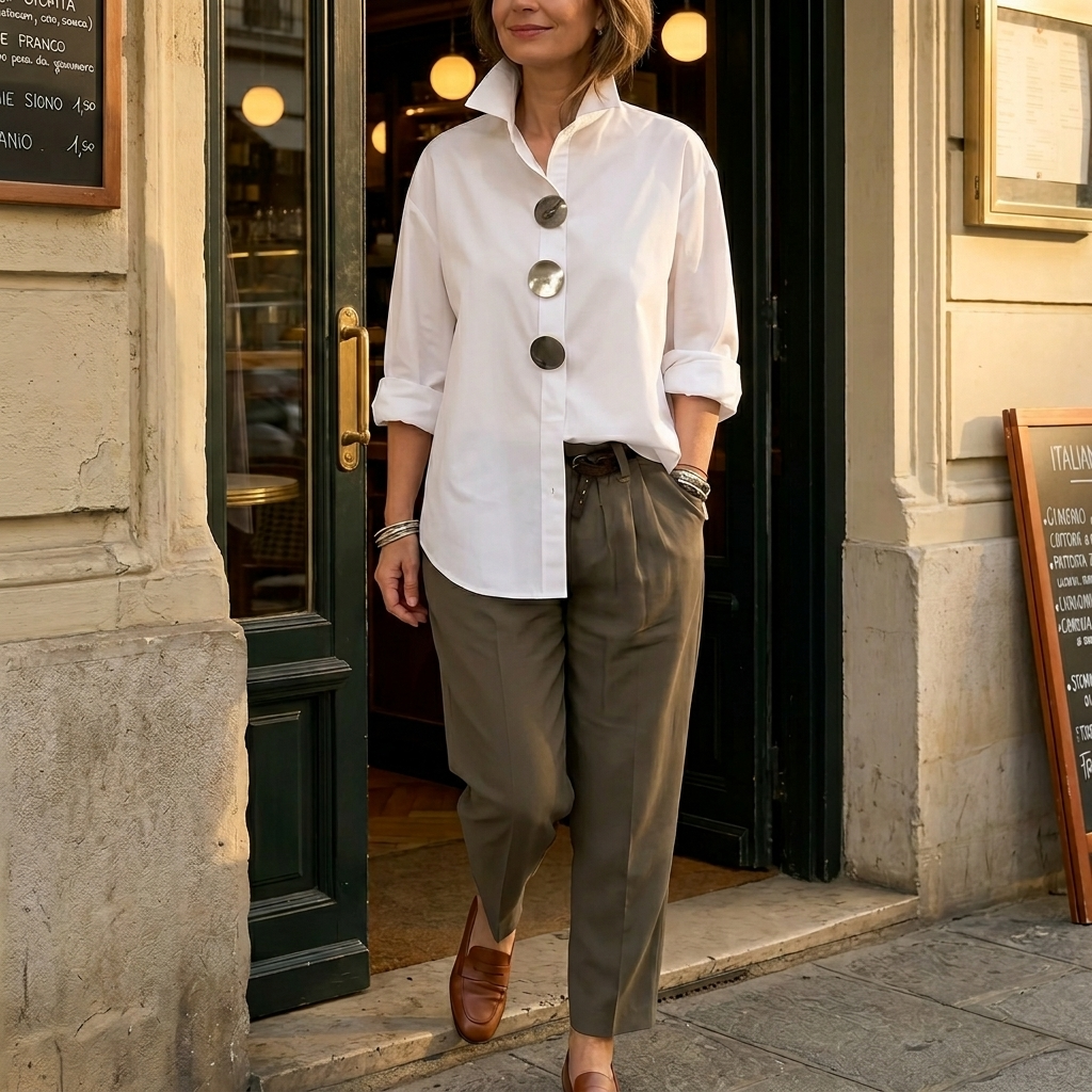 Women's oversized button-down blouse with stylish statement buttons, perfect for casual chic.