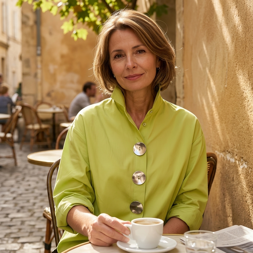 Stylish women's oversized collared shirt, long sleeve, featuring unique statement buttons.