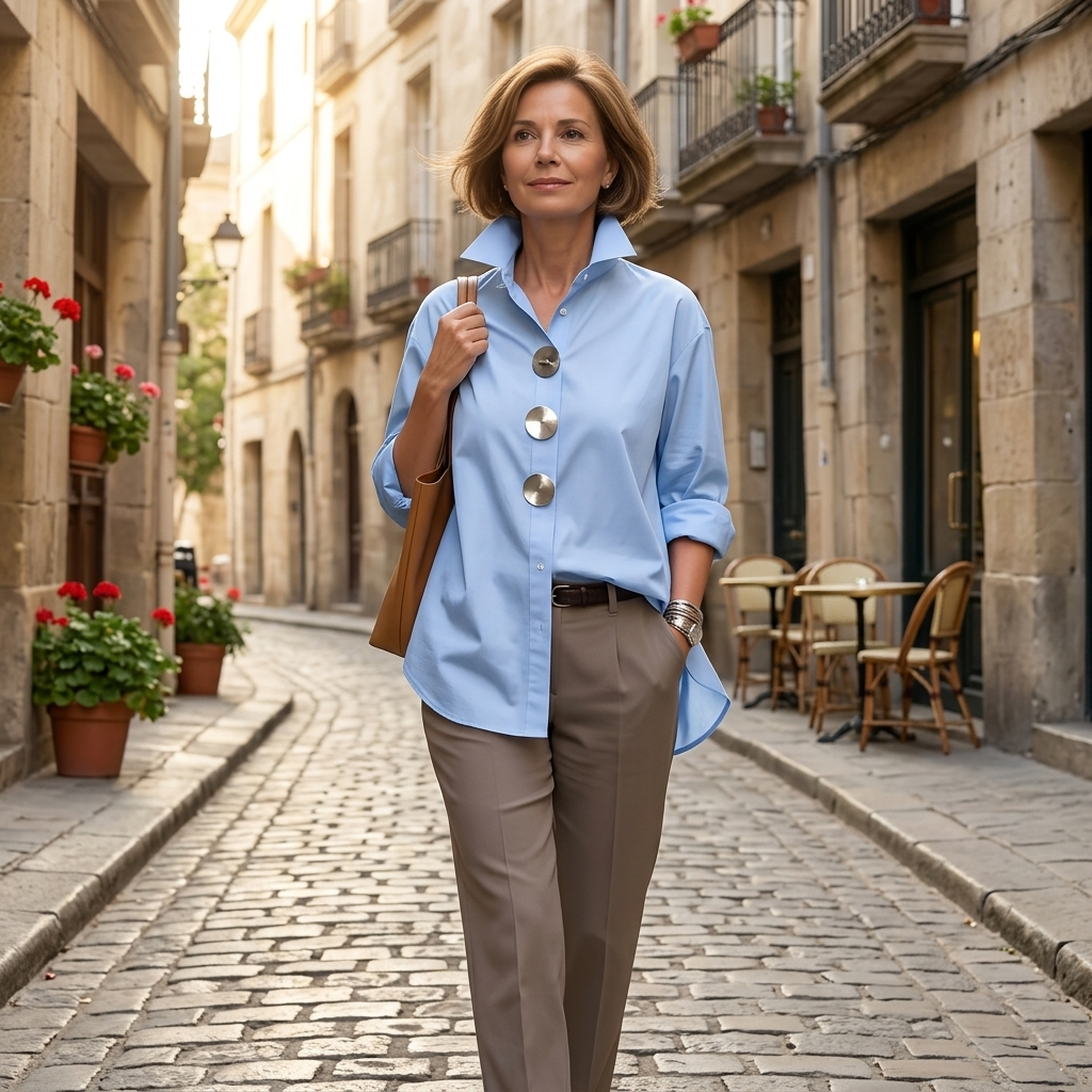 Relaxed fit women's button-down blouse, statement buttons, versatile for office or spring fashion.