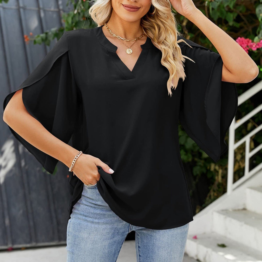 Elegant women's Brielle V-neck top with split sleeves, perfect for work or stylish casual wear.