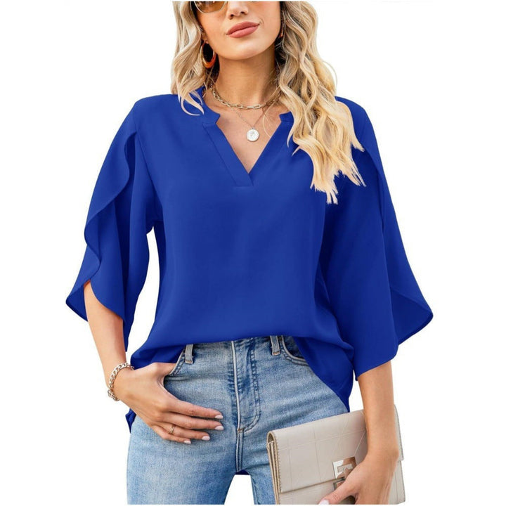 Professional women's work blouse: Brielle V-neck top with elegant split sleeves for office wear.
