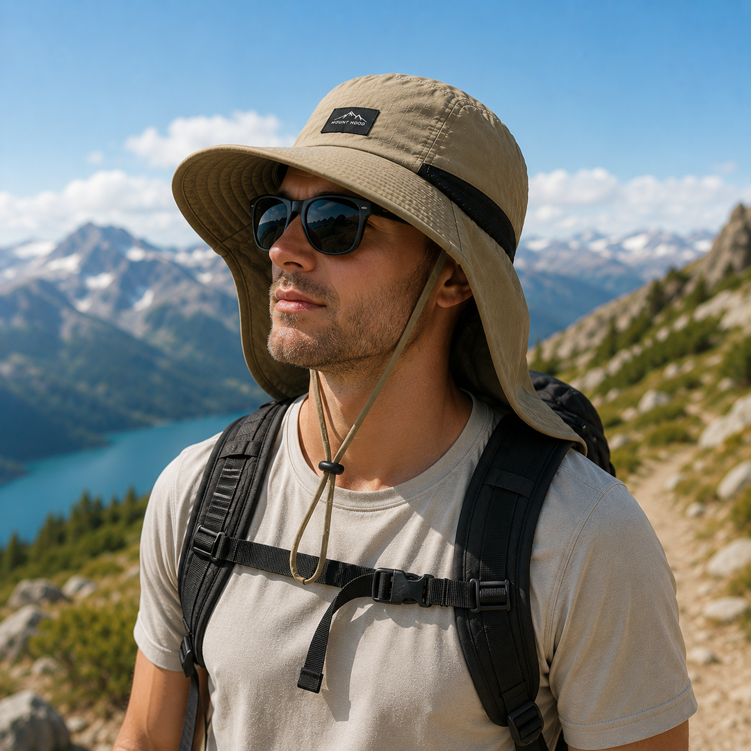 Unisex hiking sun hat with neck flap for UPF 50+ sun protection. Ideal for outdoor adventures & travel.