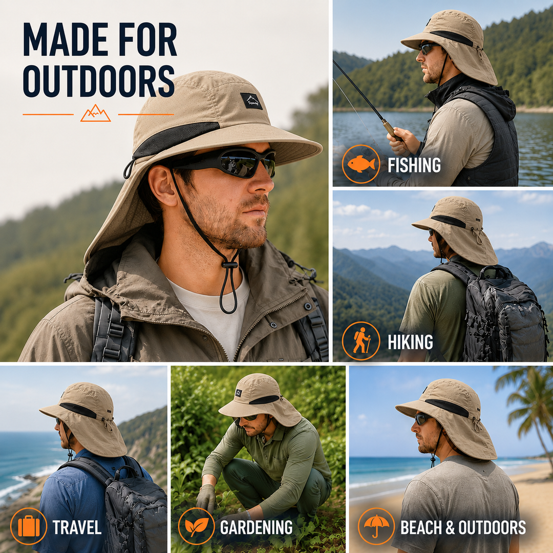 Versatile unisex hiking sun hat, offering UPF 50+ sun protection with an adjustable neck flap.