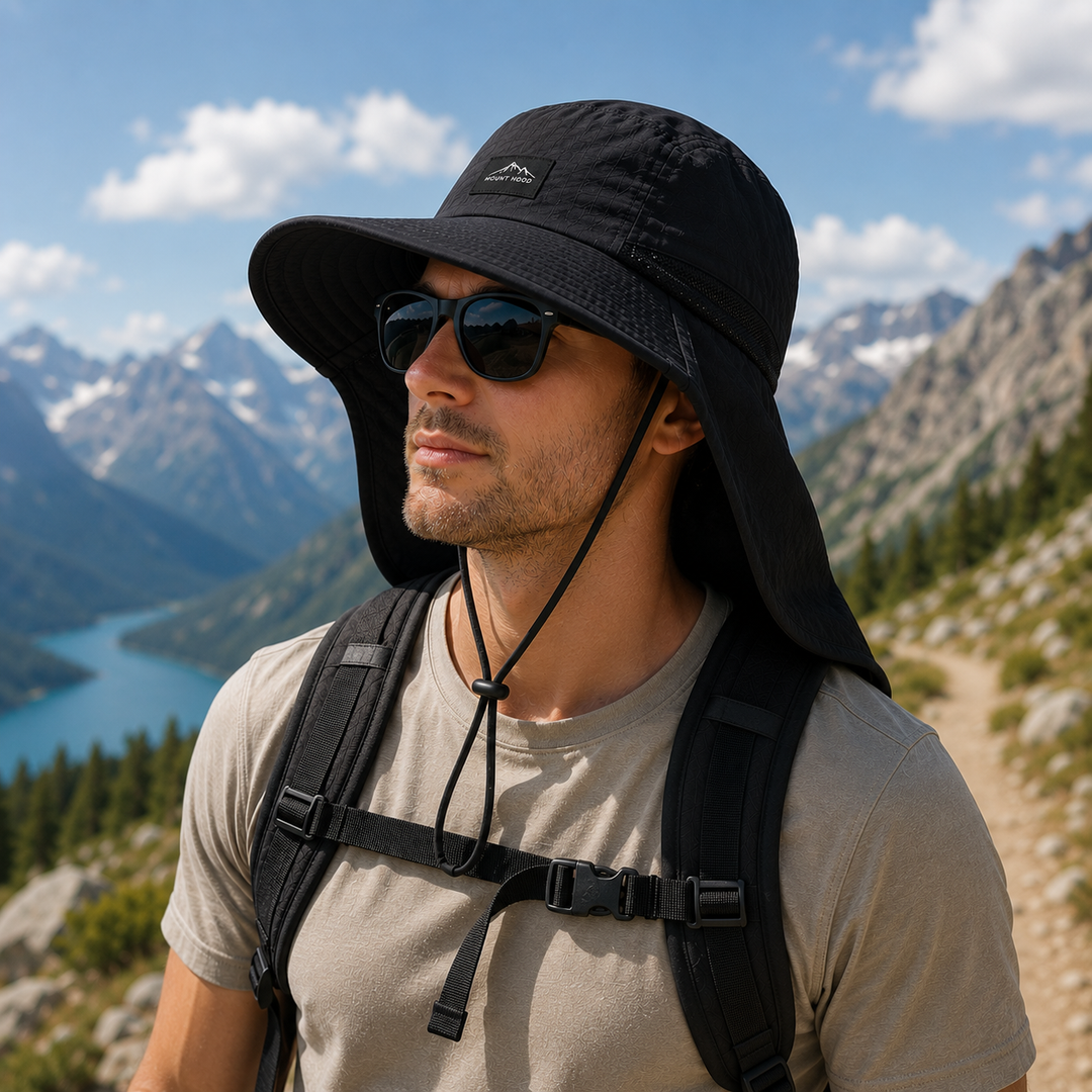 Breathable, quick-dry unisex hiking hat featuring UPF 50+ neck flap for ultimate sun protection.