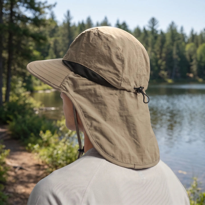 Outdoor gear: Unisex sun protection hat with a secure neck flap & UPF 50+ rating for hikers.