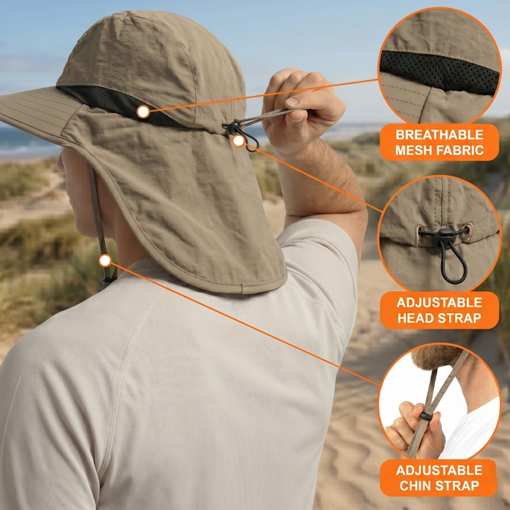 Stay protected with this unisex hiking sun hat. Features UPF 50+, breathable fabric, & neck flap.
