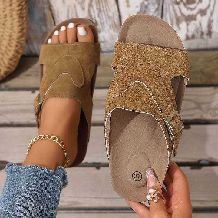 Women's Brindelle flat sandals with adjustable ankle strap, perfect for comfortable summer walks.