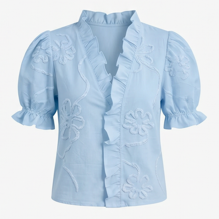 Women's casual chic blouse: floral embroidery, puff sleeves, flattering V-neckline.