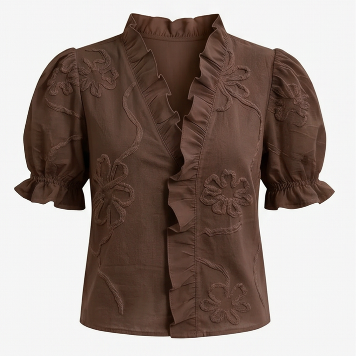 Brinley women's floral top, puff sleeves, detailed embroidery, perfect for spring.