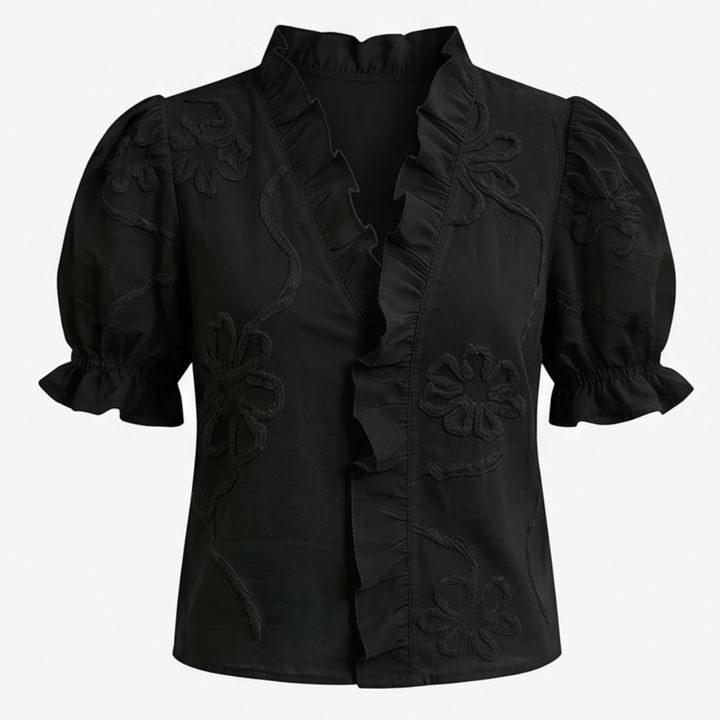 Elegant women's summer blouse, floral embroidered, puff sleeve, fashion-forward.