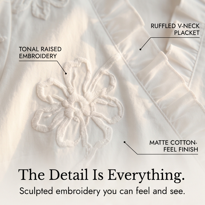 Summer-ready women's Brinley blouse, delicate floral embroidery & puff sleeves.