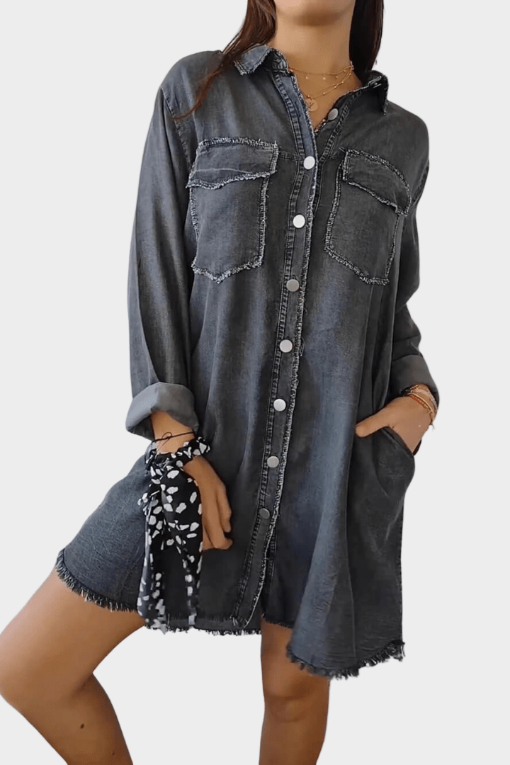 Women's oversized shirt mini dress with button front & raw hem. Relaxed fit for casual fall & spring style.