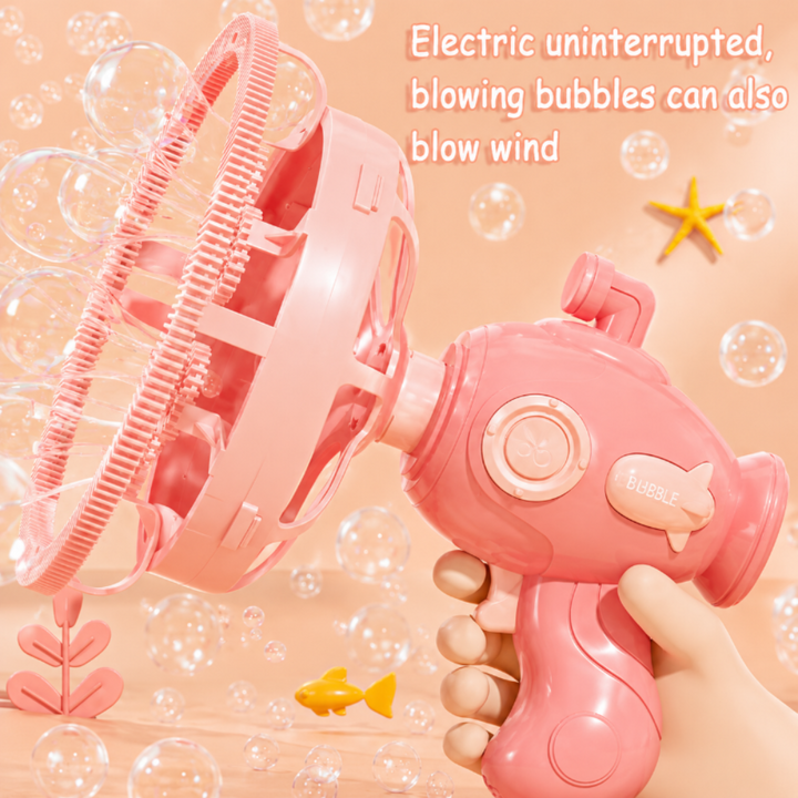 Outdoor kids' bubble gun, automatic operation, makes a flurry of bubbles for joyful interactive play and events.