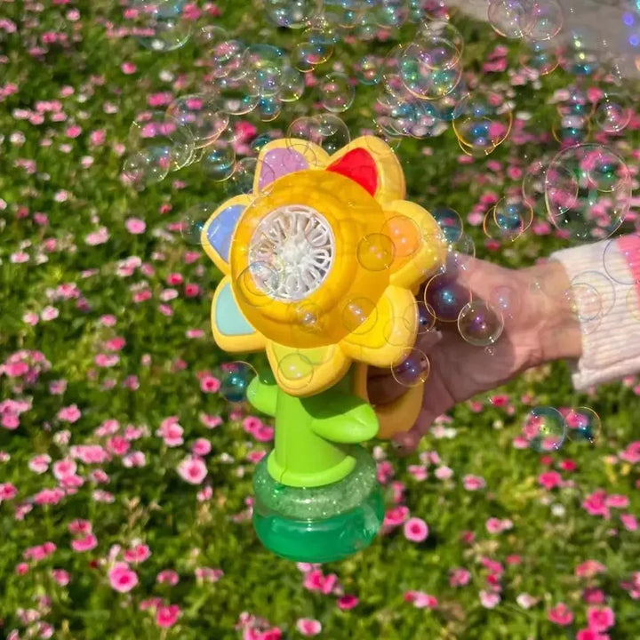Children enjoying a fun party with an automatic bubble machine, perfect for summer outdoor entertainment.