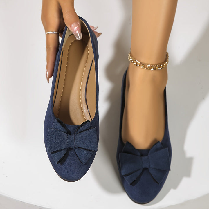 Brown faux leather wedge ballet flats, comfortable ladies' footwear with charming bow & round toe.