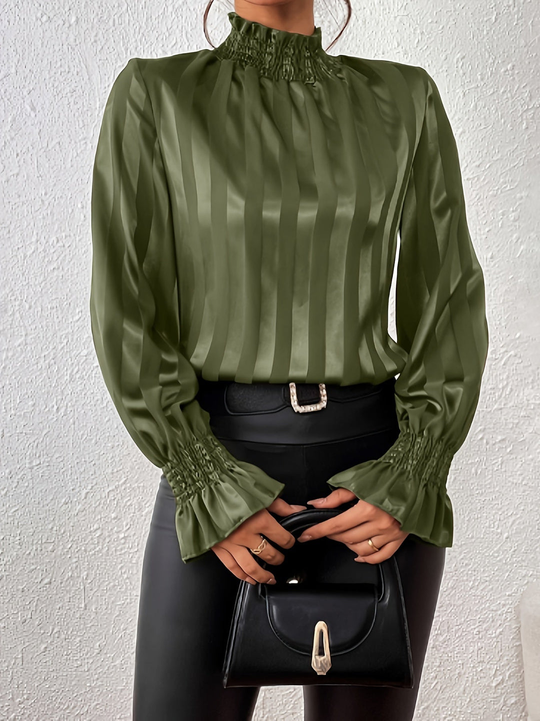 Elegant burgundy high neck striped blouse for women, long sleeves, perfect professional workwear top.