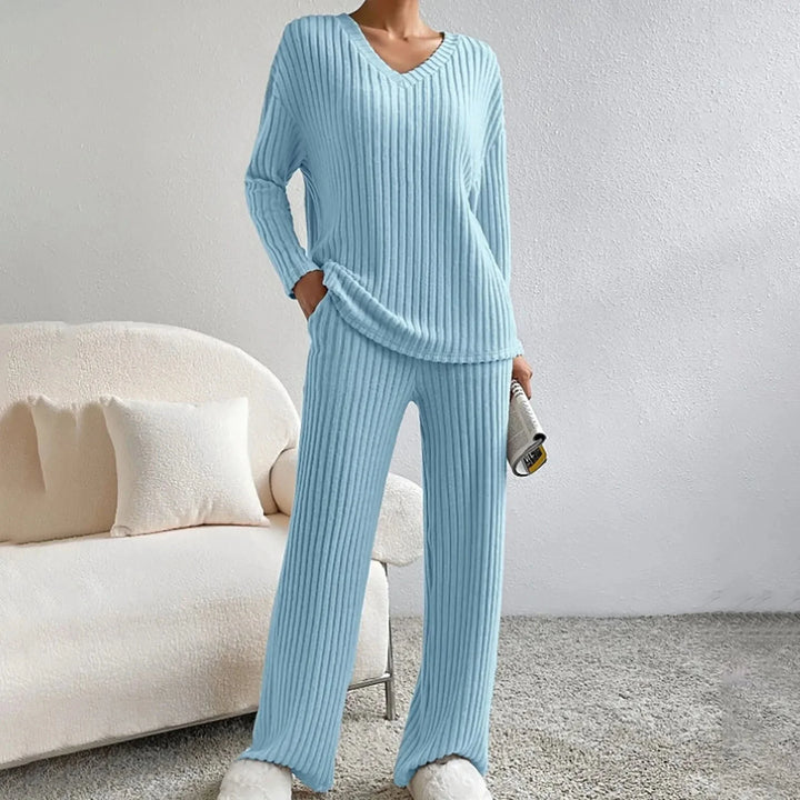 Chic women's two-piece set: a cozy long-sleeve sweater and comfortable wide-leg lounge pants.