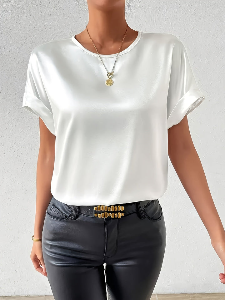 Cream short sleeve satin blouse, women's elegant summer top for office or casual.
