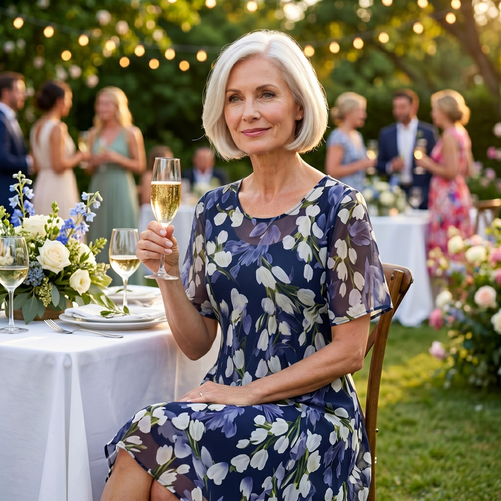 Flowy navy floral midi dress for women, chic short sleeve design, ideal spring & summer fashion.