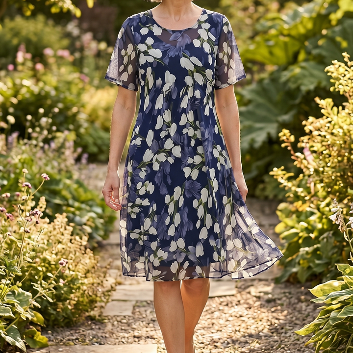 Navy Calanthe floral midi dress, women's elegant short sleeve, comfortable for parties & occasions.