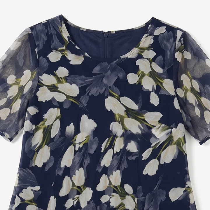 Comfortable women's navy floral midi dress, flowy short sleeve, elegant for summer events.