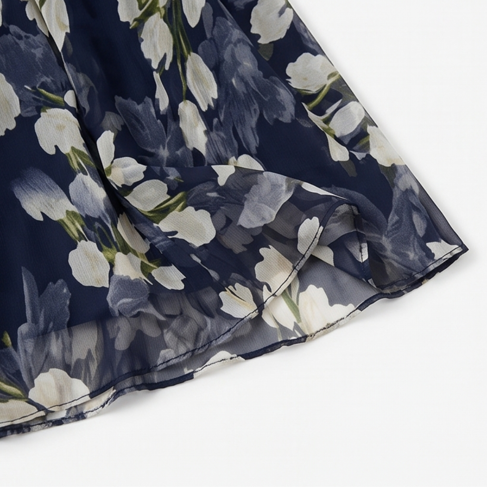Chic women's navy floral midi dress, flowy short sleeve, elegant for spring and summer parties.