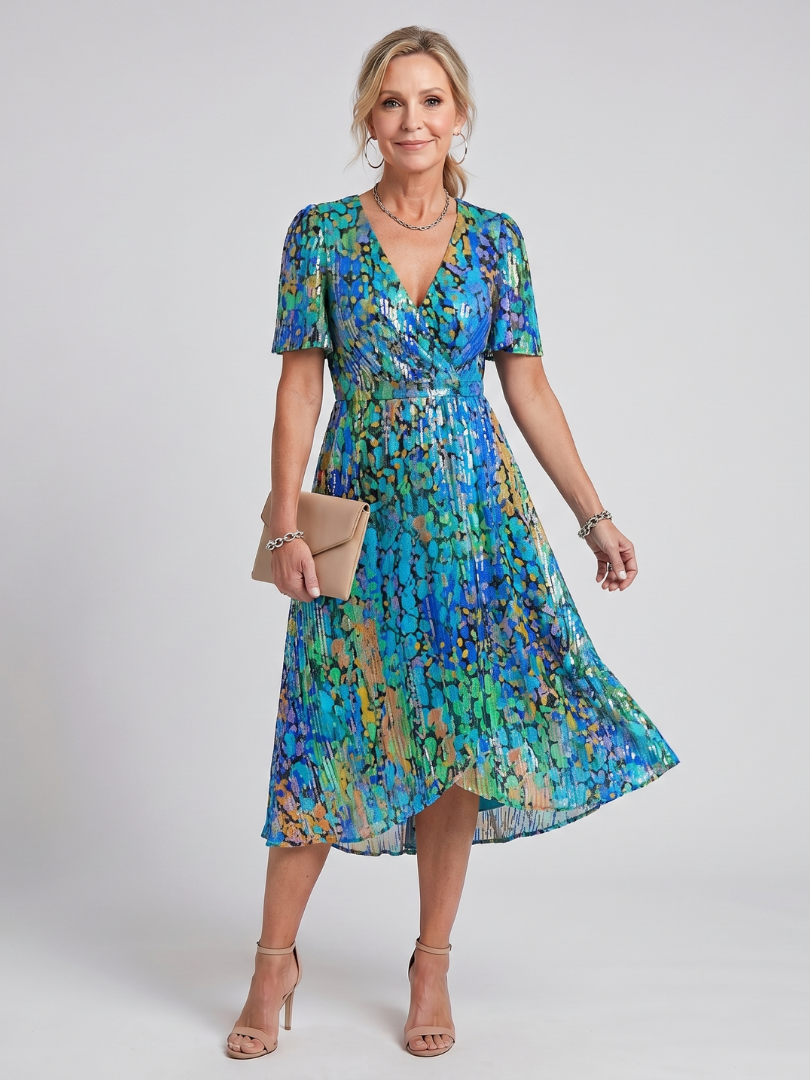 Elegant women's floral wrap midi dress, perfect for summer events, featuring stylish flutter sleeves.