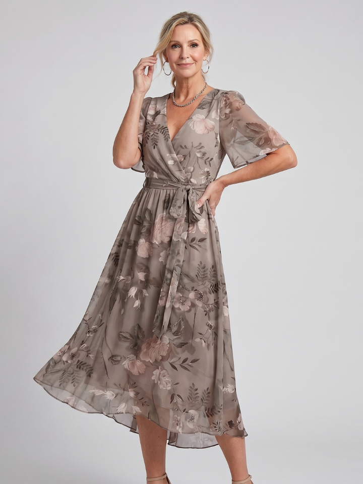 Close-up of the beautiful floral print & soft fabric of a women's midi wrap dress with flutter sleeves.