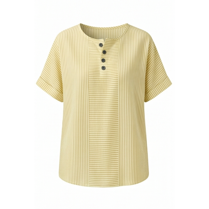 Casual women's striped henley top, short sleeves, button placket, great for everyday spring fashion.