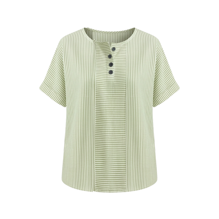 Women's comfortable striped henley top with button front, essential for versatile everyday style.