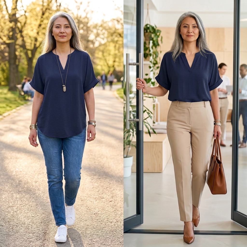 Versatile women's V-neck blouse, relaxed fit short sleeve; ideal for office or casual.