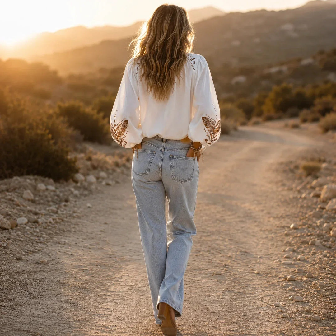 Lightweight women's boho V-neck blouse with embroidery, ideal for stylish spring and summer outfits.