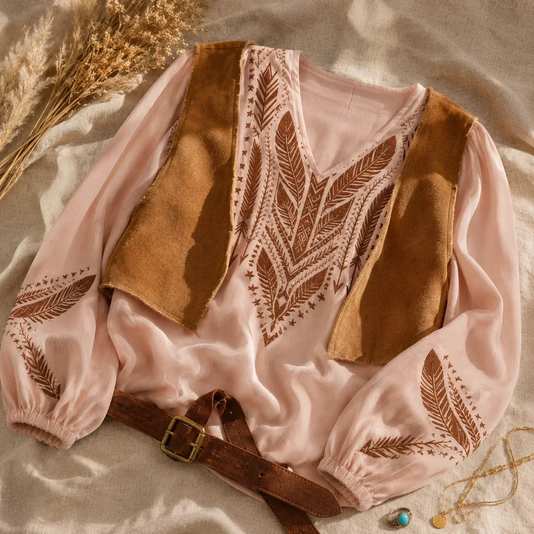 Relaxed fit women's boho fashion top, an embroidered V-neck blouse with casual long sleeves.