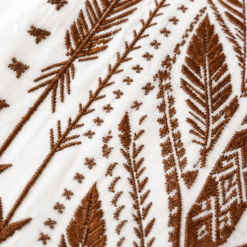 Close-up of intricate embroidery on a women's boho V-neck long-sleeve blouse, a chic fashion top.
