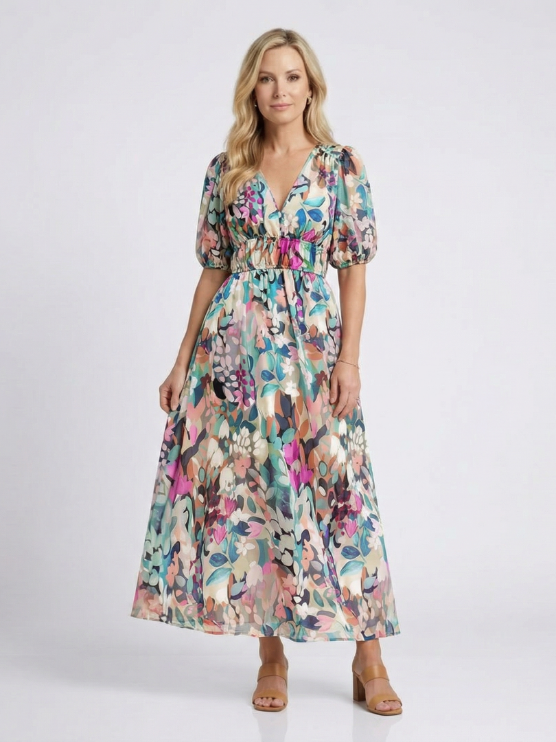 Elegant women's floral midi dress with V-neck and short sleeves, perfect for summer occasions and feminine style.