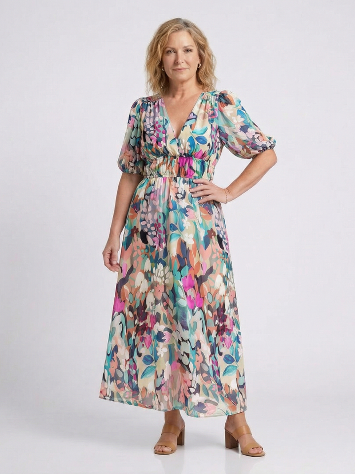 Casual yet elegant women's floral midi dress with a flattering V-neck, short sleeves, ideal for spring & summer.
