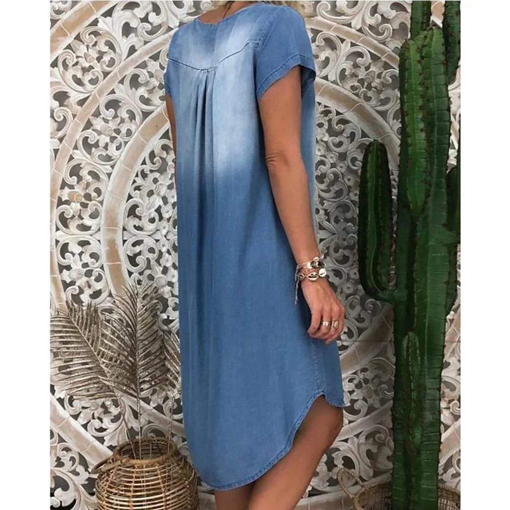 Comfortable V-neck short sleeve blue midi dress for women, relaxed fit. Ideal for casual summer everyday wear.