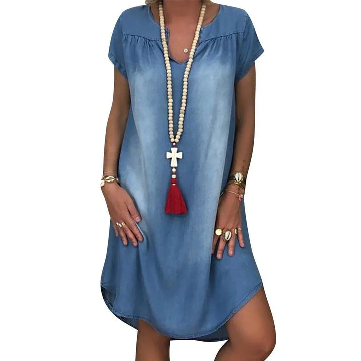 Women's blue casual summer midi dress featuring a relaxed fit, V-neck, and short sleeves. Great for everyday.