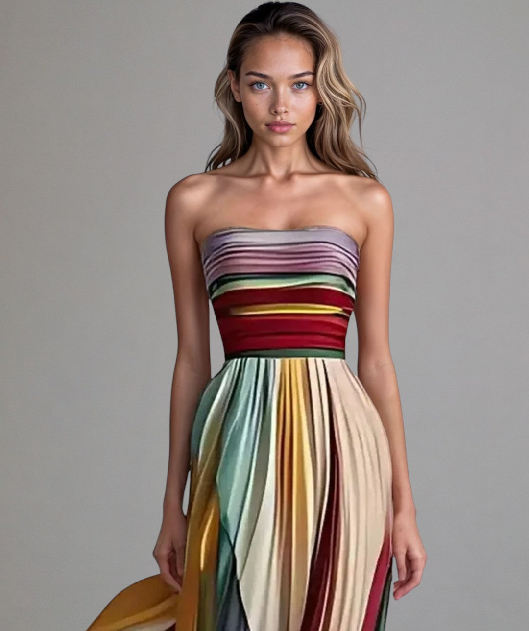 Elegant women's strapless pleated maxi dress in a flowing A-line style, perfect for formal events, weddings, or evening wear.