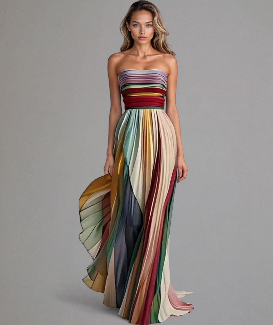 Chic women's strapless formal gown with delicate pleats & flowing skirt, ideal for wedding guests & special occasions.